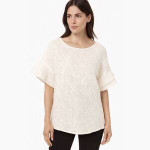 Italian Linen Embroidered Ruffle Sleeve Top White Boho Leaf Detail Oversized S